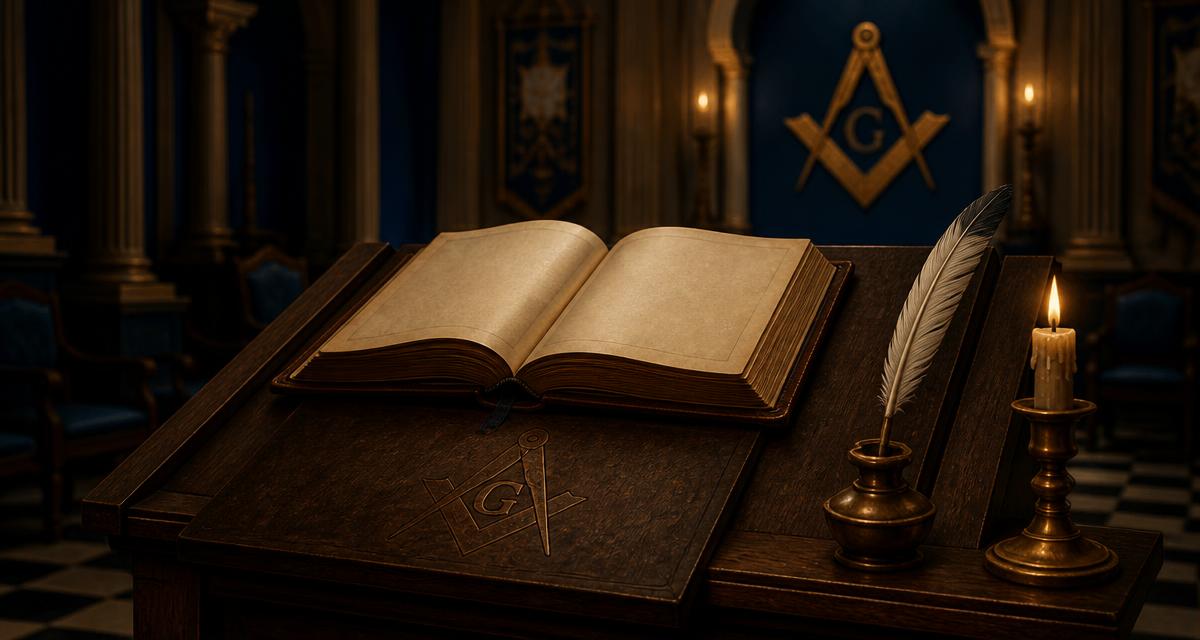 Livro aberto sobre púlpito de madeira em templo maçônico iluminado por vela