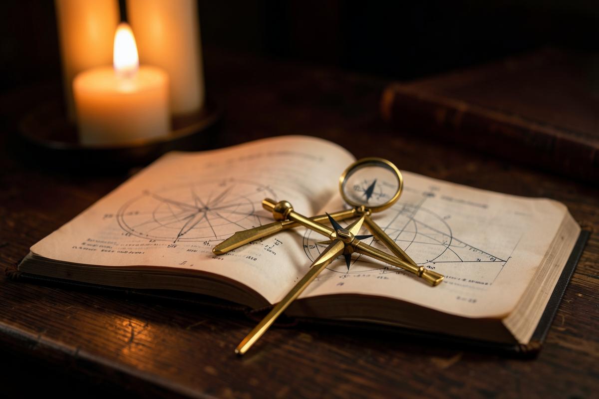 Compasso de ouro sobre livro antigo de geometria à luz de velas