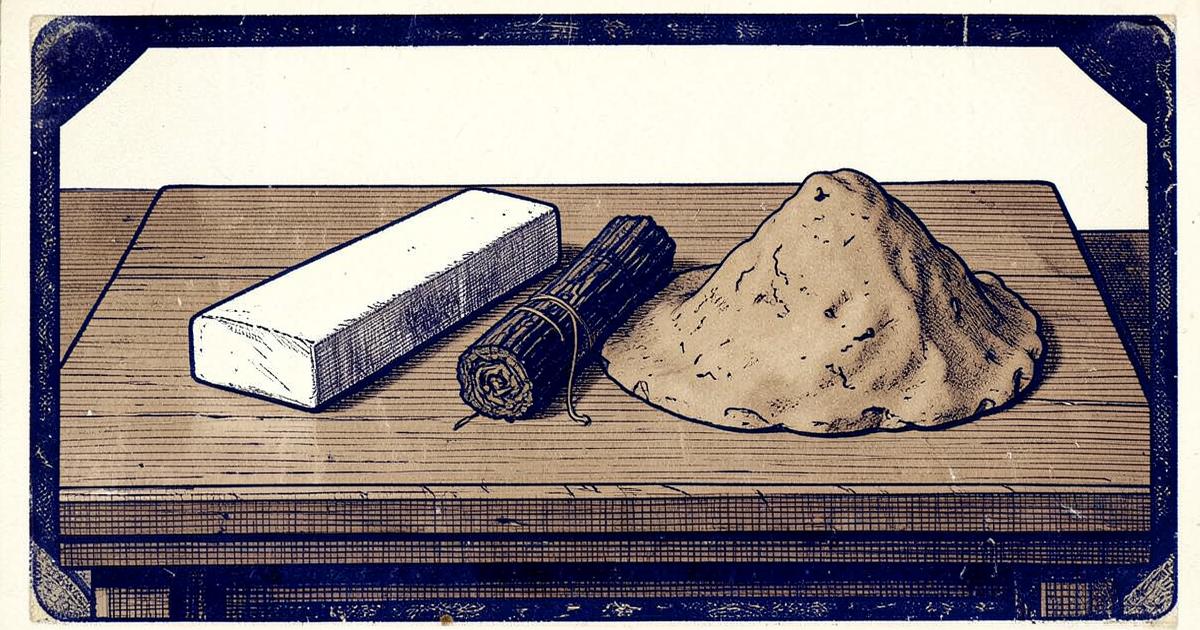 Giz, carvão e argila sobre uma mesa de madeira em gravura clássica