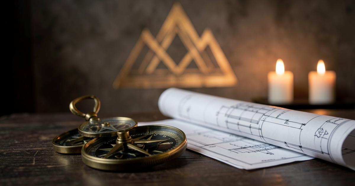 Compasso de bronze e planta arquitetônica sobre mesa escura, com um delta luminoso e velas ao fundo