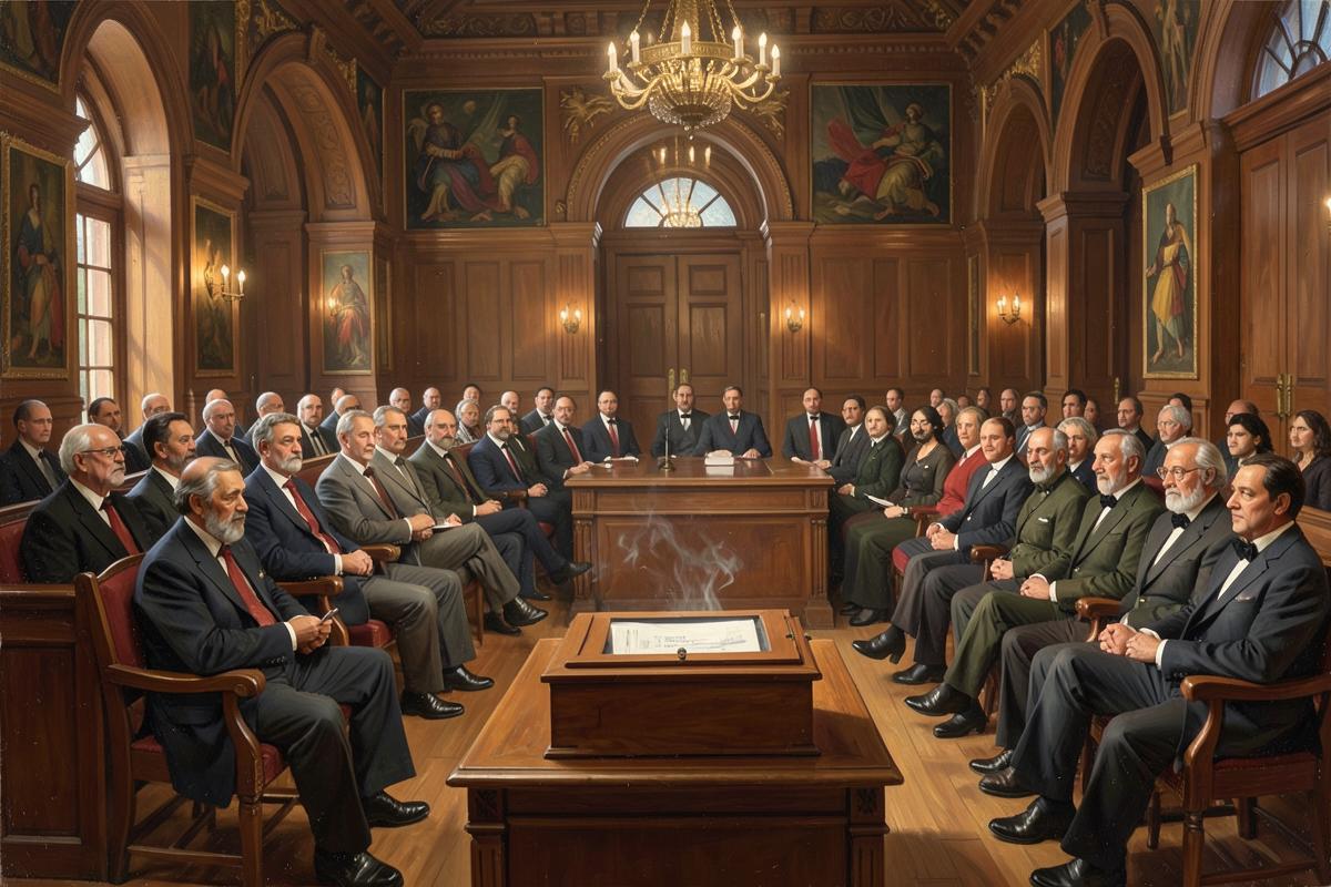 Assembleia de Grande Loja reunida em sessão de eleição, com urna sobre a mesa