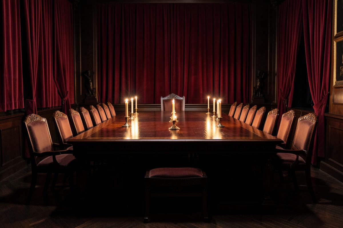Câmara de um Supremo Conselho do Grau 33, com a mesa colegiada onde se reúnem os Soberanos Grandes Inspetores-Gerais