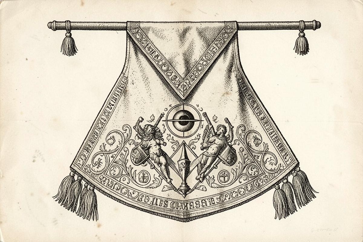 Gravura antiga de um avental maçônico ornamentado com aba triangular, borlas e emblemas bordados