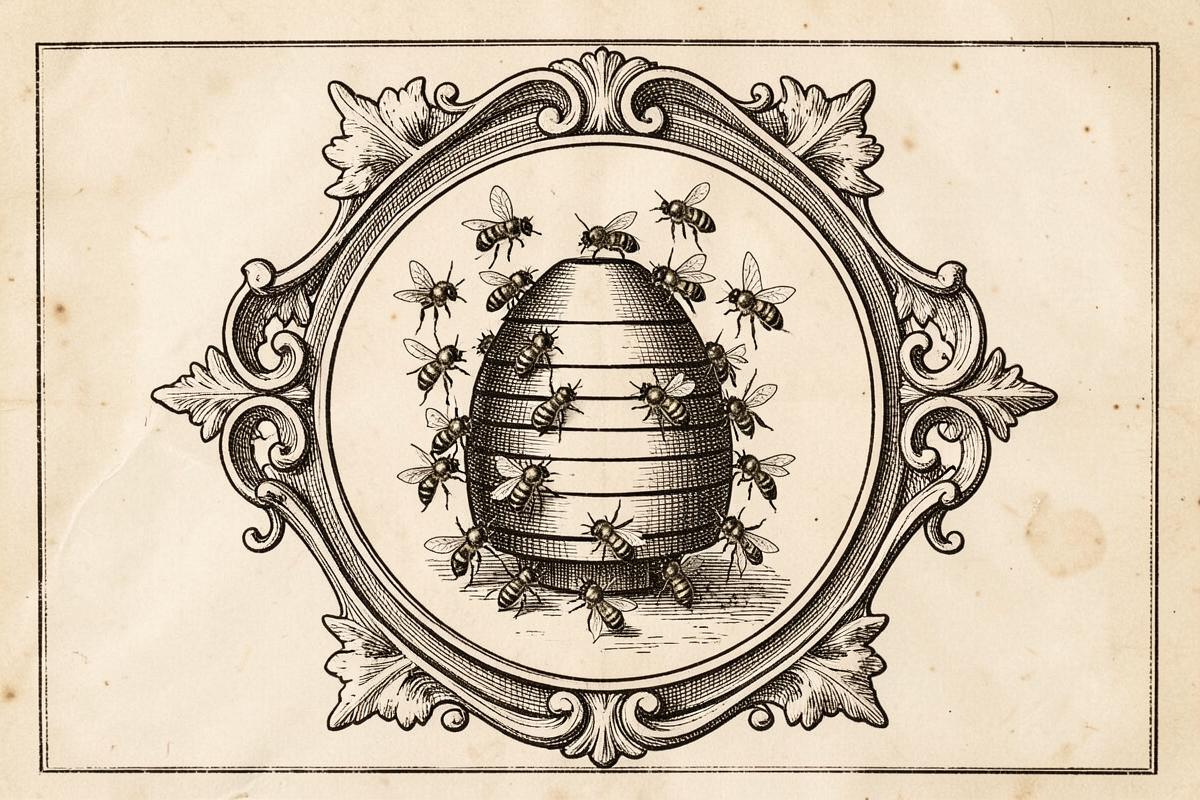 Gravura antiga de emblema maçônico mostrando uma colmeia cercada de abelhas emoldurada por arabescos