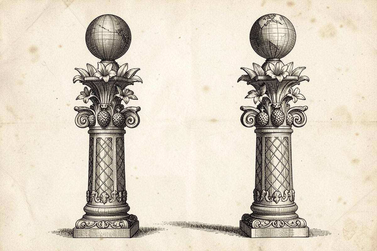Gravura antiga das colunas Boaz e Jachin com capitéis de lírios, rede e romãs, coroadas por globos