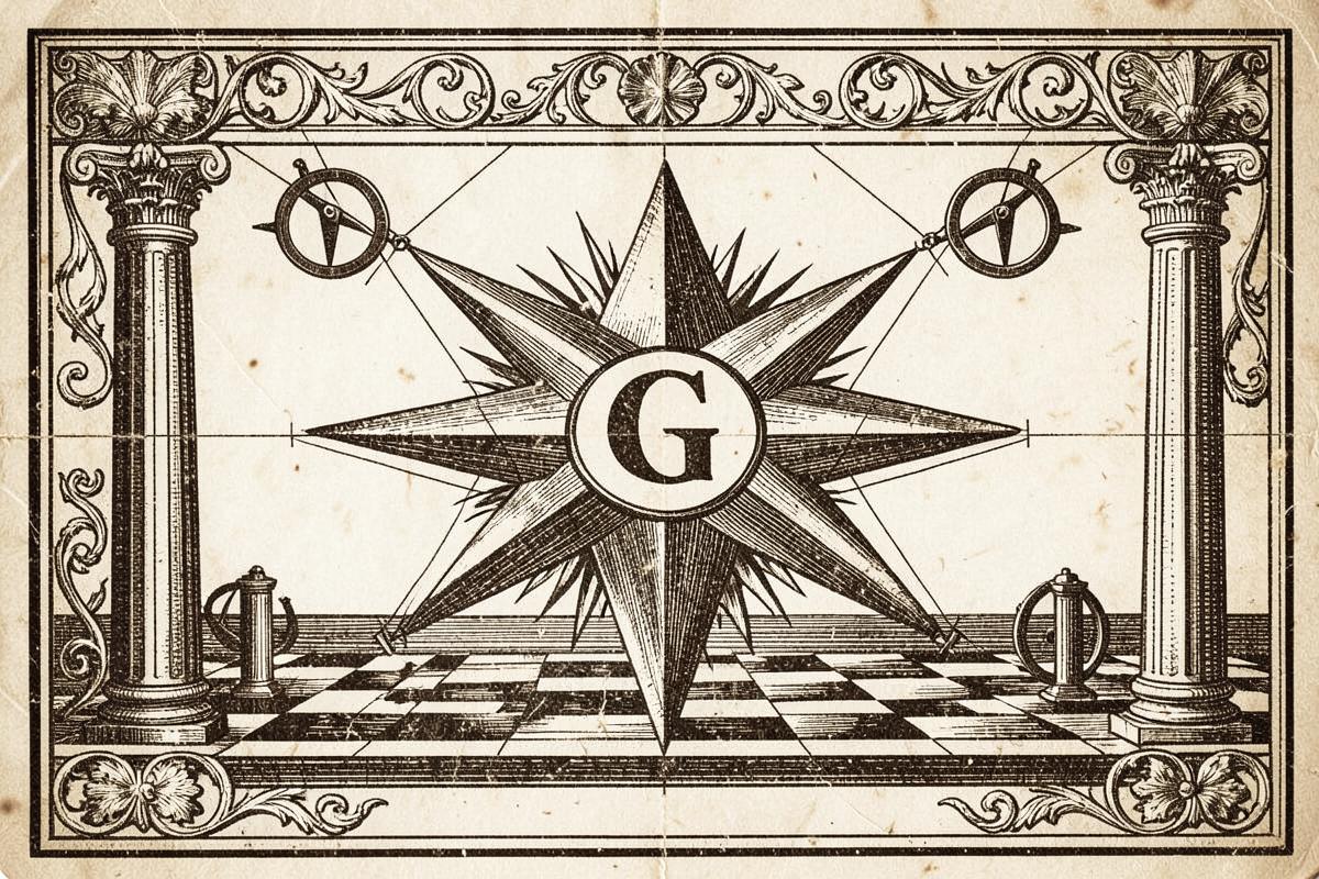 Gravura antiga de quadro de loja com a Estrela Flamejante e a letra G ao centro