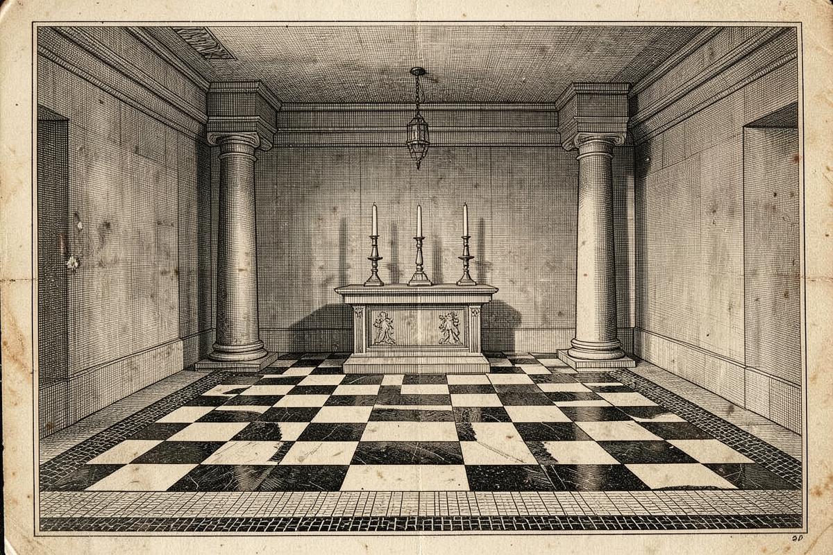 Gravura antiga de interior de loja maçônica com pavimento xadrez, altar com três luzes e duas colunas