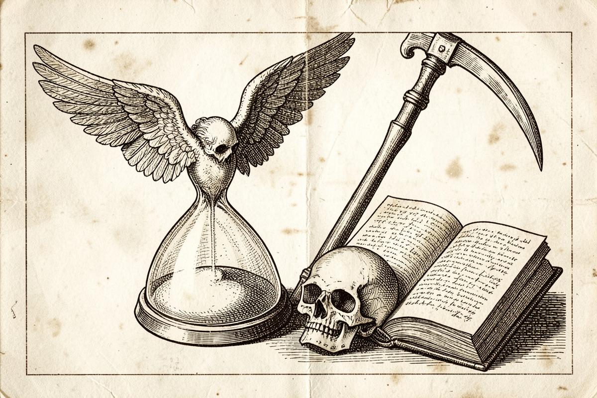 Gravura antiga em estilo memento mori: ampulheta alada, foice, caveira e livro aberto