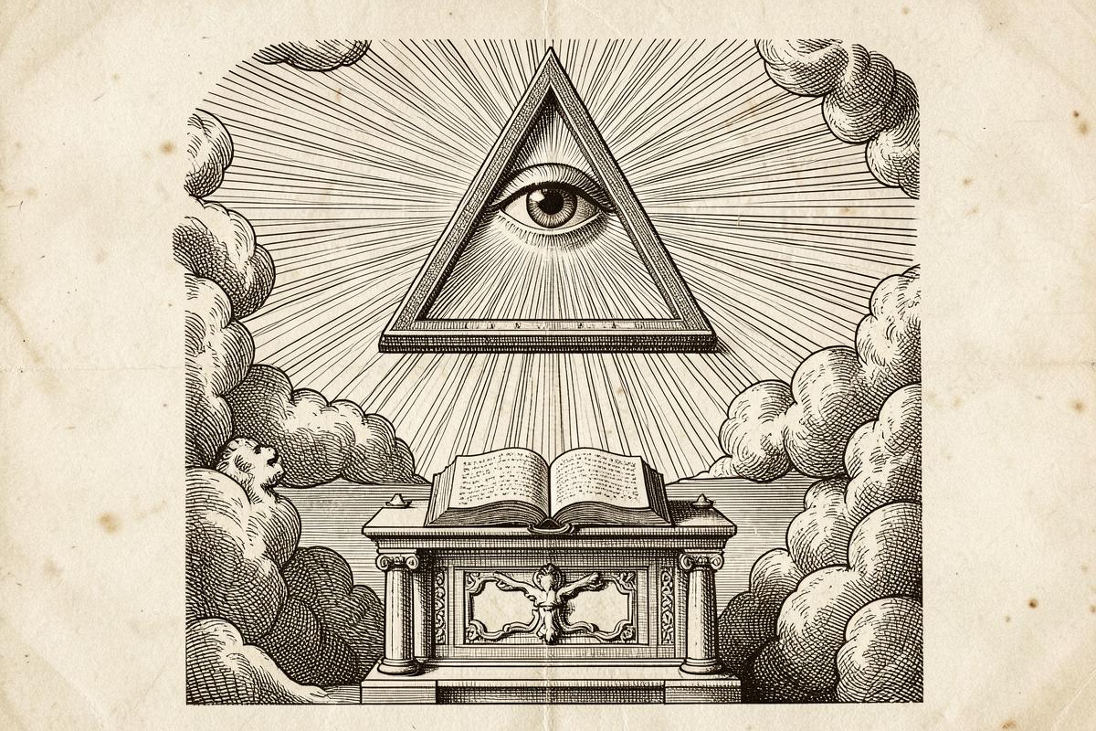 Gravura antiga do Olho da Providência dentro de um triângulo radiante acima de um altar com livro aberto