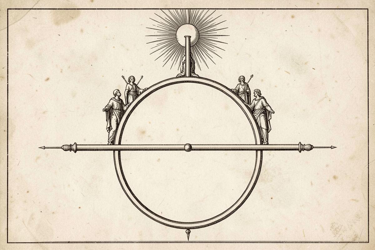 Gravura antiga do ponto dentro do círculo com linhas paralelas, figuras dos santos e sol radiante
