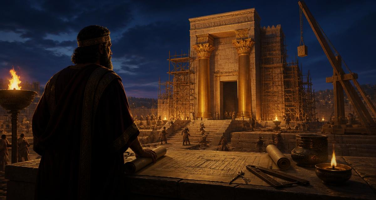 Mestre construtor diante do Templo de Salomão em obras, iluminado por tochas