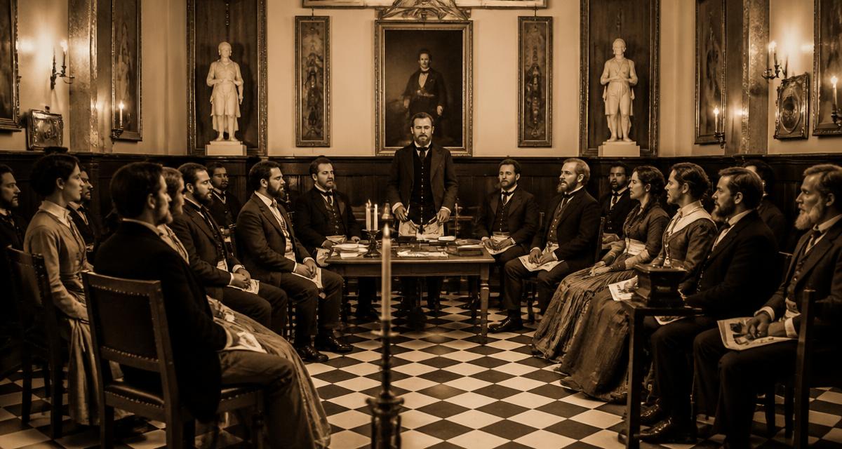 Gravura histórica de uma sessão maçônica do século XIX com homens e mulheres presentes