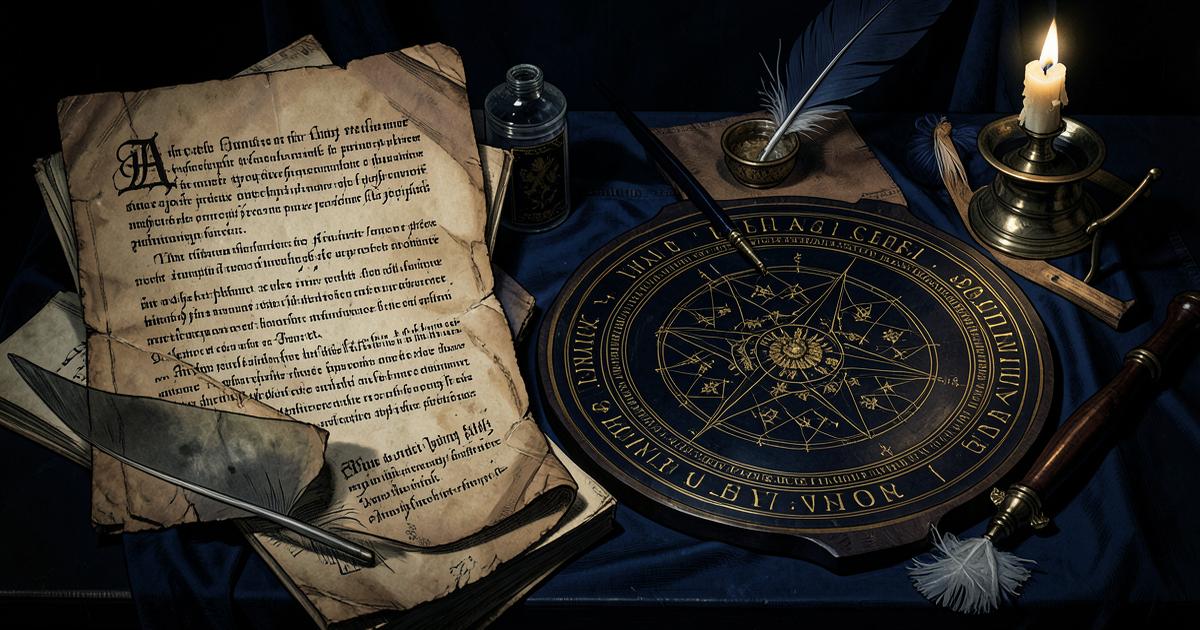 Manuscritos antigos e discos simbólicos à luz de vela, representando a história da Maçonaria