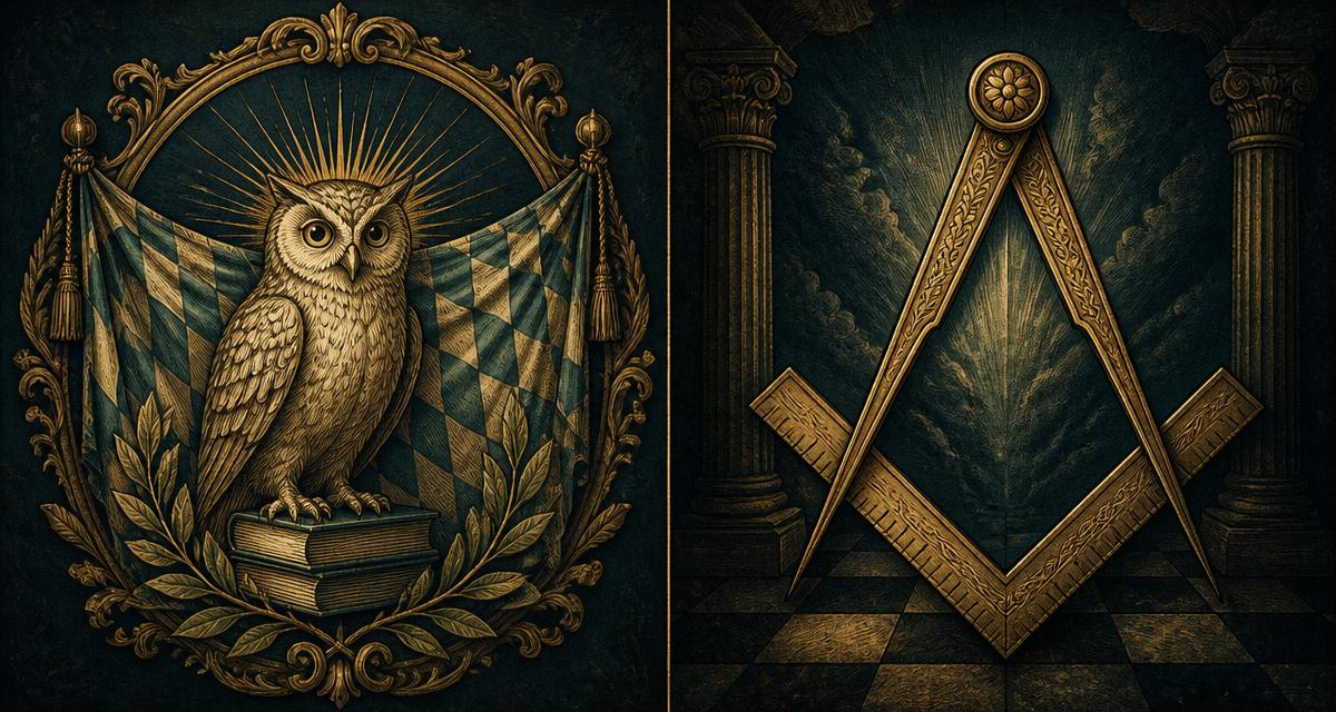 Emblema da coruja da Baviera ao lado do esquadro e compasso maçônicos