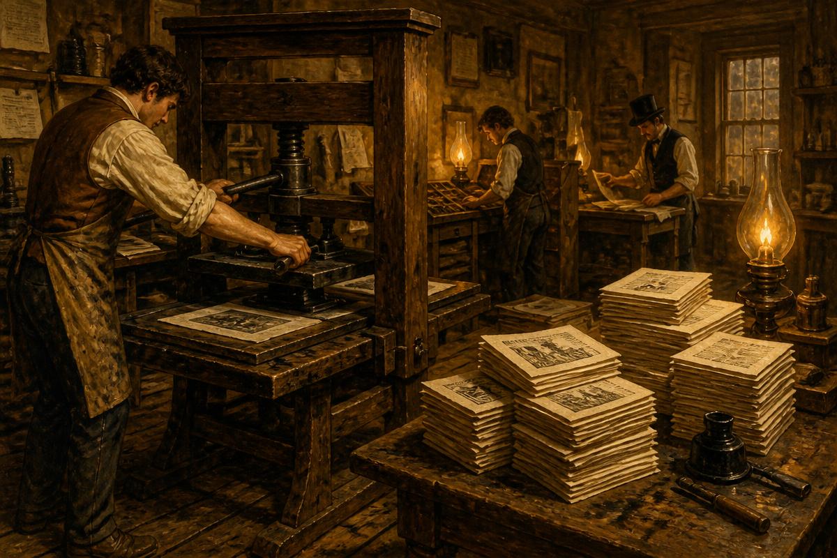 Oficina tipográfica dos anos 1820 imprimindo panfletos