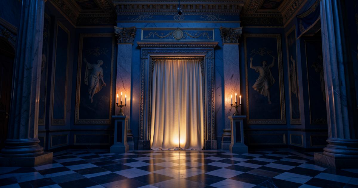 Interior de templo maçônico com piso xadrez e porta iluminada, representando a iniciação maçônica