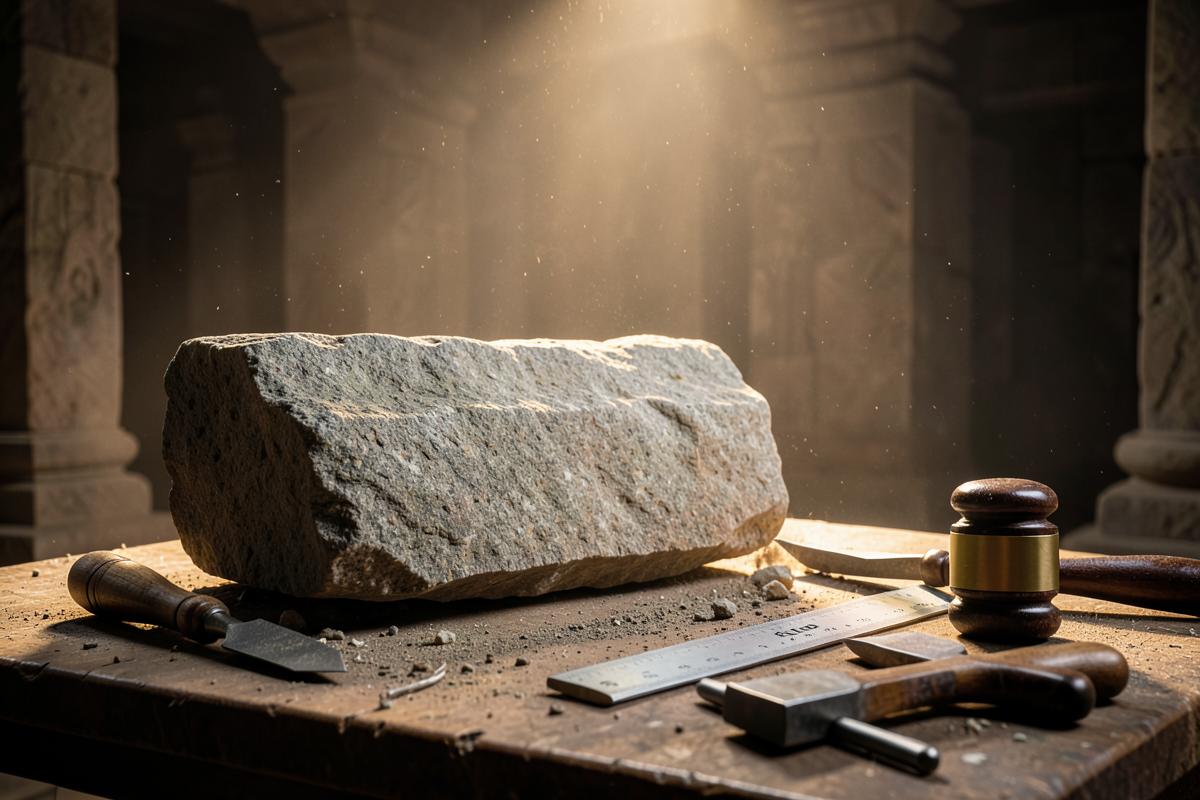 Pedra bruta, cinzel, malhete e régua sobre bancada em templo iluminado