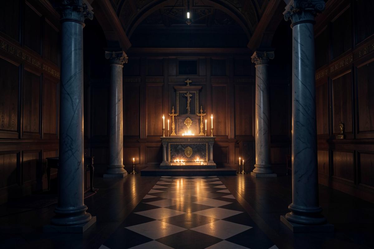 Interior de uma loja maçônica com duas colunas ladeando o caminho sobre o pavimento mosaico em direção ao altar iluminado