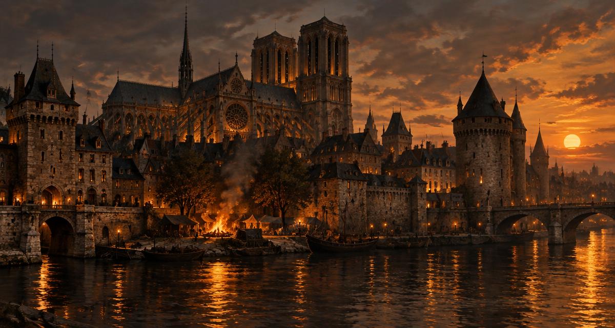 Paris medieval às margens do Sena ao entardecer