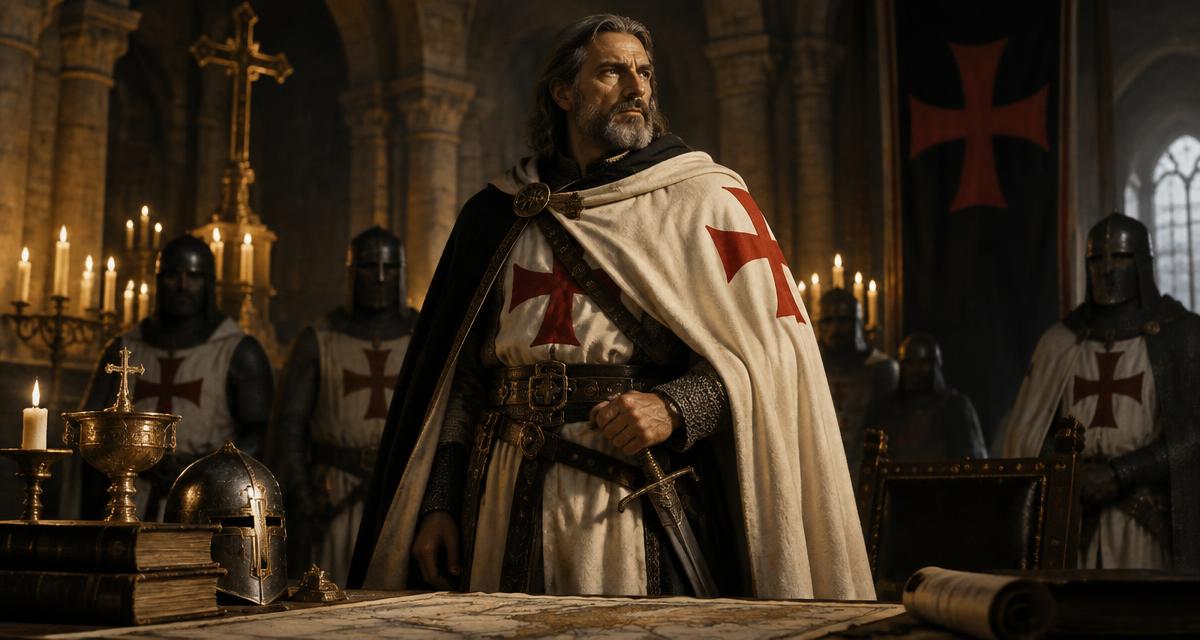 Grão-Mestre templário em um salão de pedra iluminado por velas