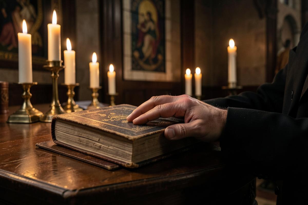 Mão apoiada sobre o Livro da Lei Sagrada durante o compromisso ritual
