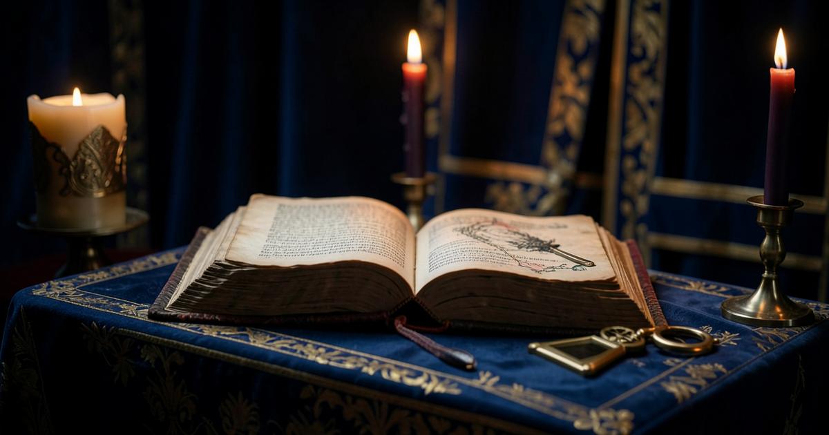 Livro ritual aberto sobre altar maçônico à luz de velas