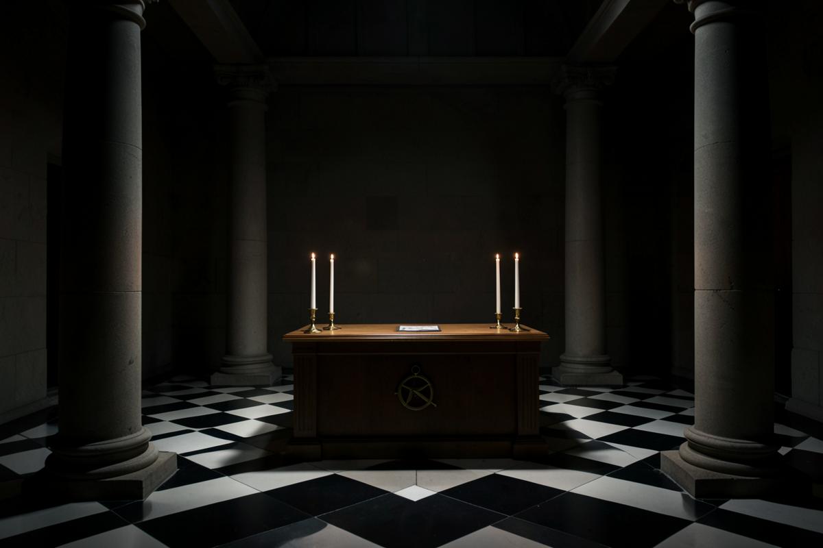 Interior de um templo maçônico com colunas, pavimento mosaico e altar