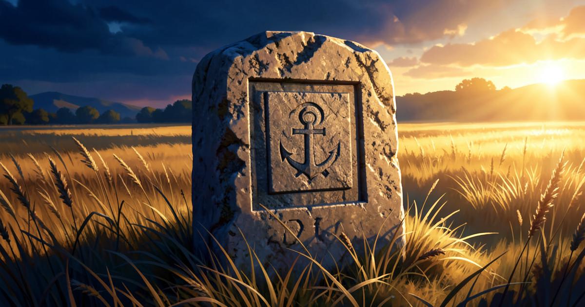 Marco de pedra antigo em um campo ao entardecer, representando os Landmarks maçônicos