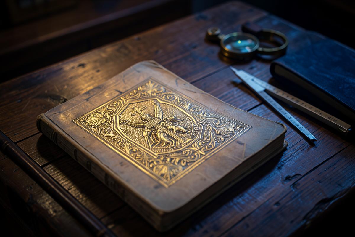 Um exemplar antigo de constituição sobre a mesa de uma Loja, com esquadro e compasso