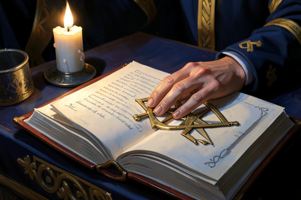Mão sobre o livro aberto no altar durante o compromisso maçônico, com esquadro e compasso sobre as páginas