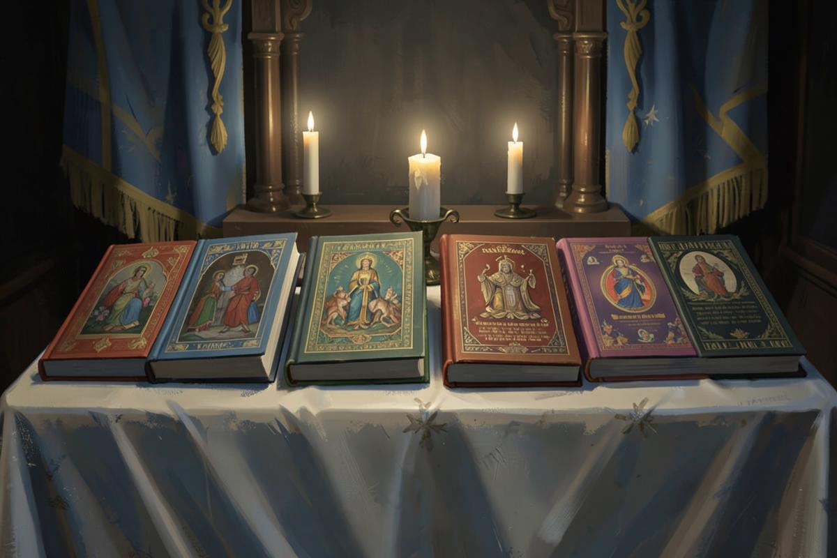 Diferentes livros sagrados dispostos lado a lado sobre o altar de uma Loja