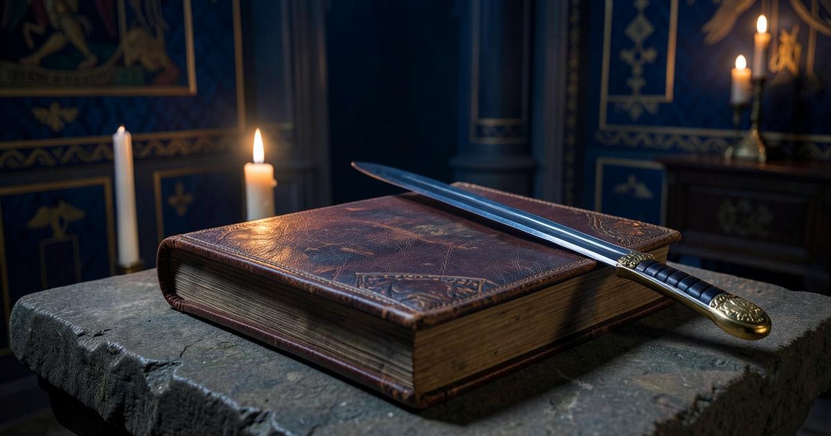 Livro antigo de capa de couro sobre altar de pedra com espada cerimonial apoiada em cima