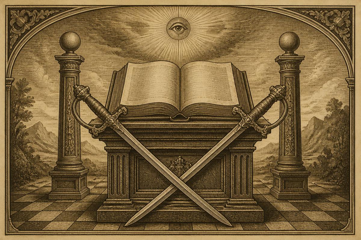 Gravura antiga de um livro aberto sobre altar guardado por duas espadas cruzadas