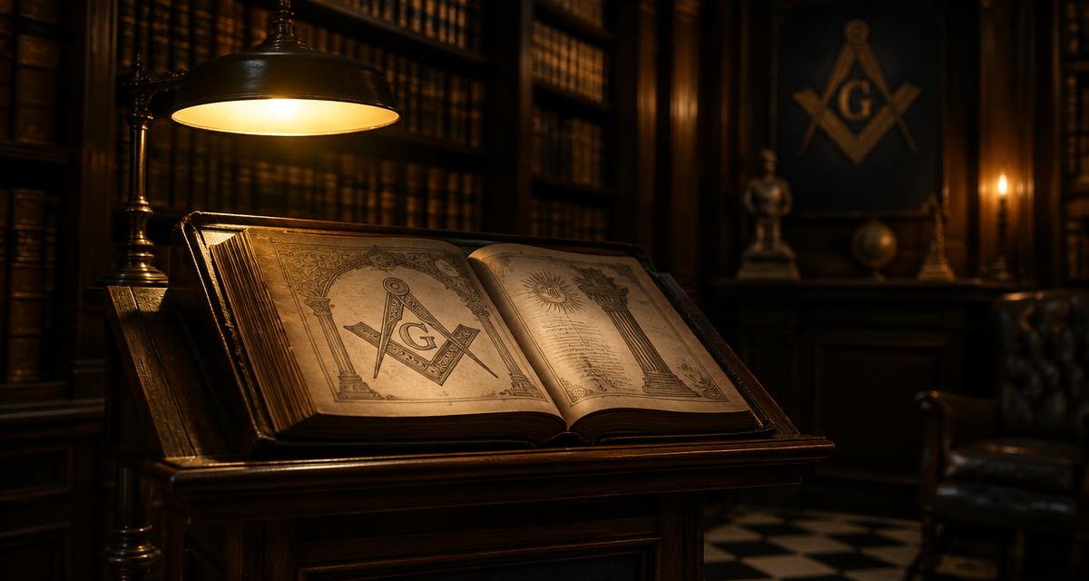 Livro antigo aberto sobre atril em uma biblioteca maçônica iluminada por lâmpada