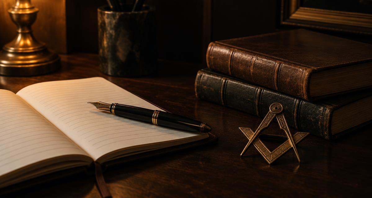 Caderno aberto com caneta tinteiro ao lado de livros antigos e emblema de esquadro e compasso