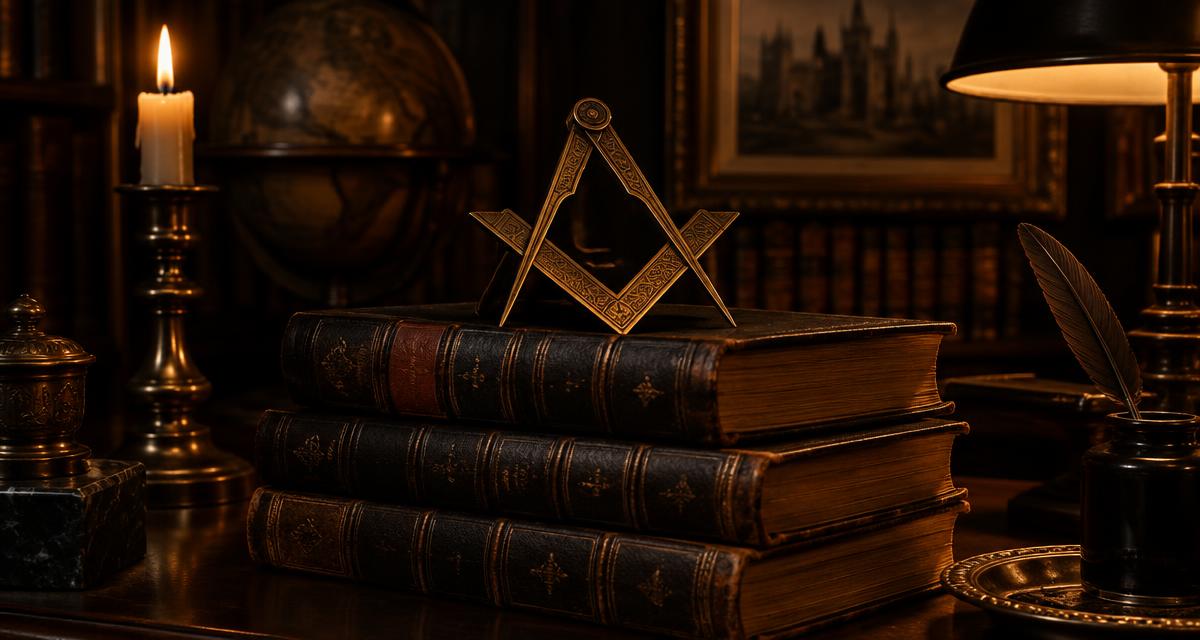 Pilha de livros antigos encadernados em couro com esquadro e compasso sobre a capa