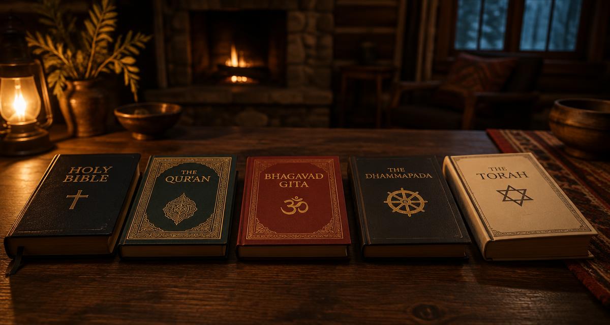 Livros sagrados de diferentes religiões lado a lado sobre uma mesa de madeira escura