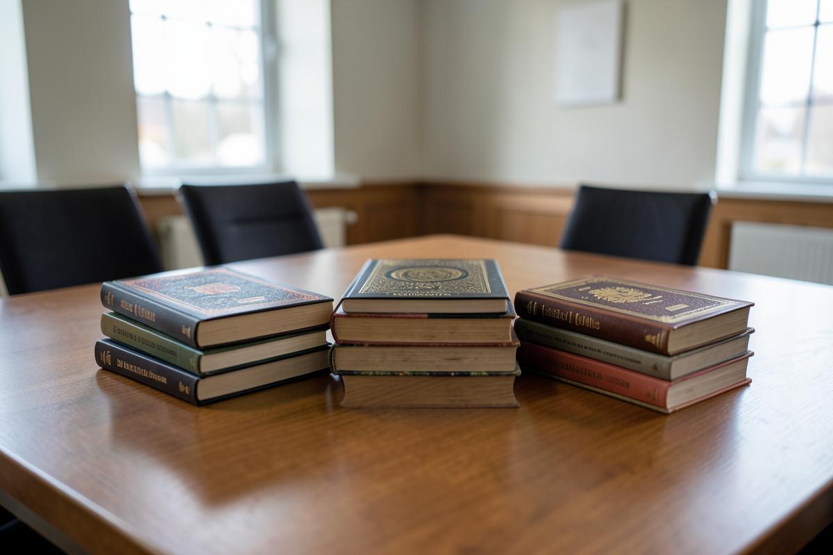 Diferentes livros sagrados empilhados sobre uma mesa de madeira em uma sala de reuniões sóbria