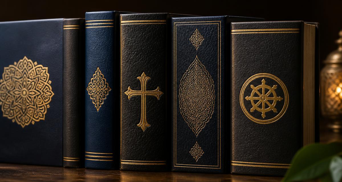 Livros sagrados de diferentes tradições sobre uma mesa de madeira escura
