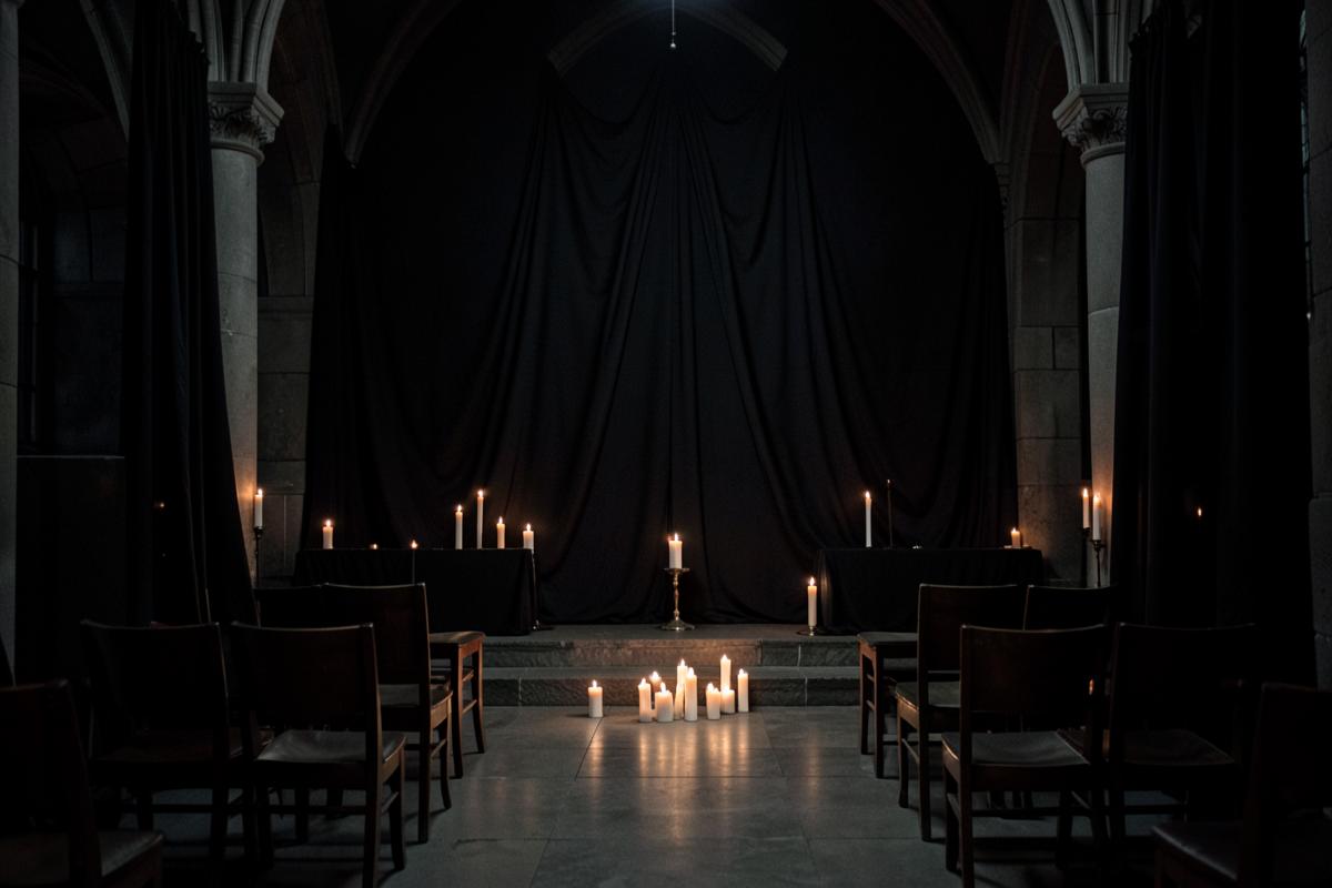 Templo maçônico coberto de panos negros e velas para sessão fúnebre
