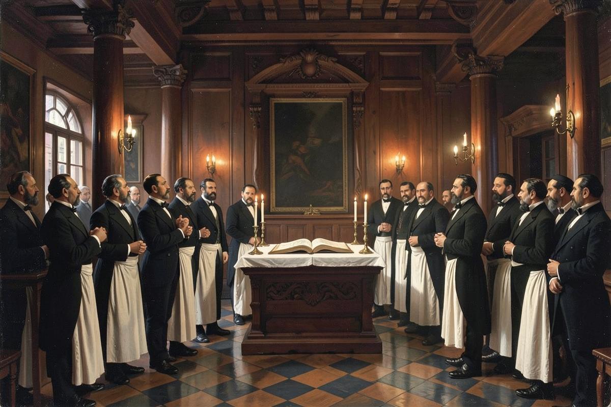 Interior de uma Loja maçônica no século XIX, com obreiros reunidos em torno do altar