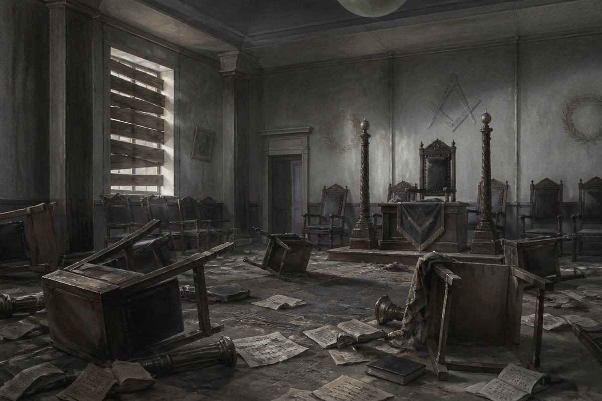 Sala de loja maçônica saqueada e vazia, com cadeiras derrubadas e documentos espalhados pelo chão