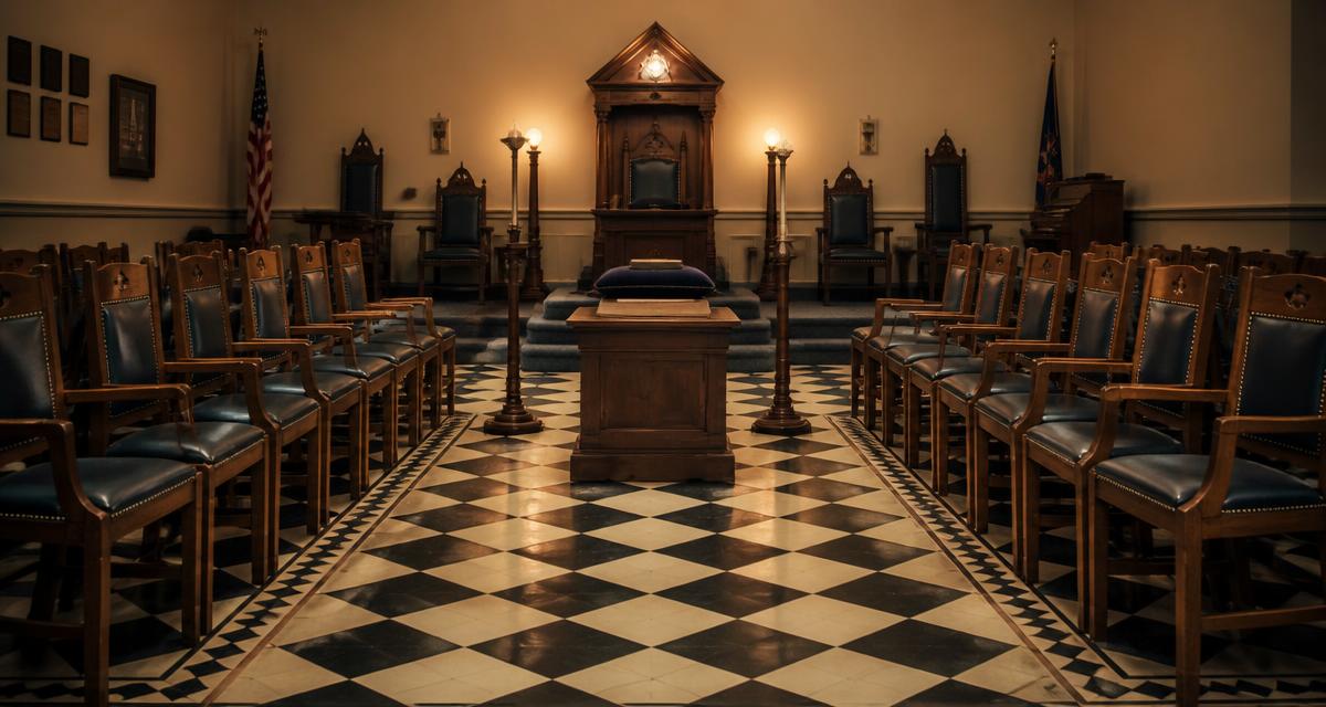 Interior de uma Loja maçônica com cadeiras de madeira, piso mosaico e iluminação quente