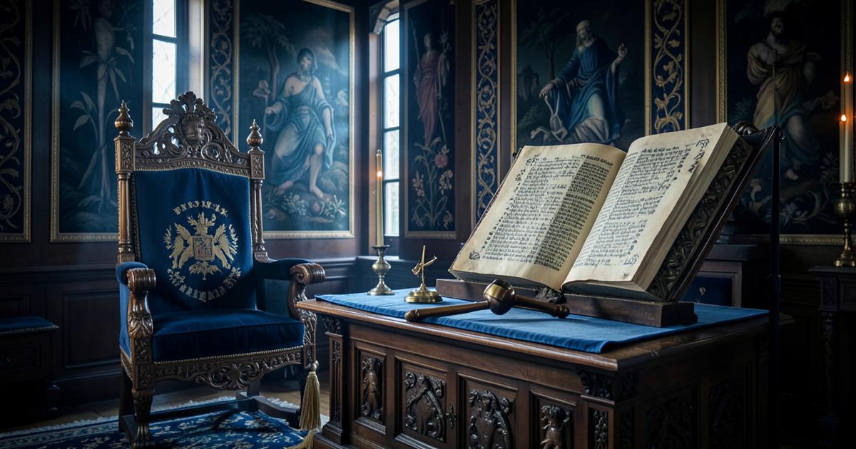 Interior de Loja maçônica com trono, malhete e Livro da Lei aberto sobre o altar