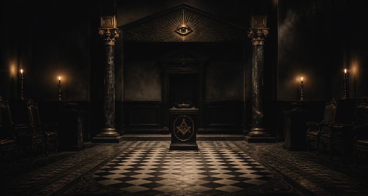 Interior de um templo maçônico com piso em mosaico