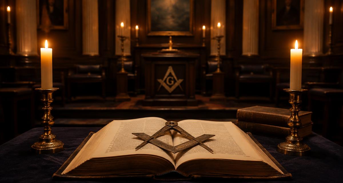 Livro da Lei aberto sobre o altar de uma Loja maçônica, iluminado por velas