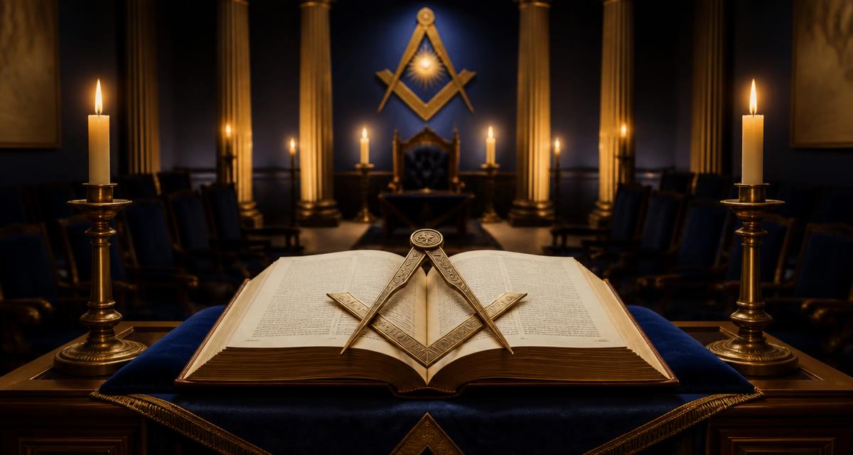 Livro da Lei aberto sobre o altar de uma Loja maçônica com esquadro e compasso