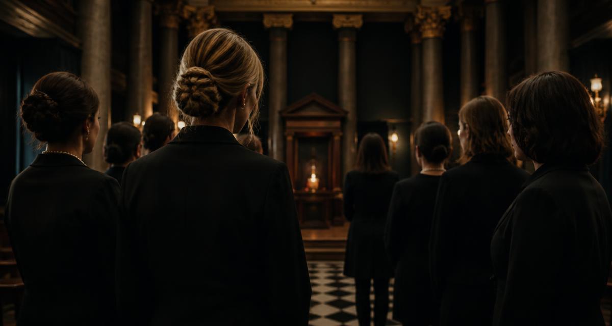 Mulheres em traje formal reunidas em um templo maçônico com colunas e piso mosaico