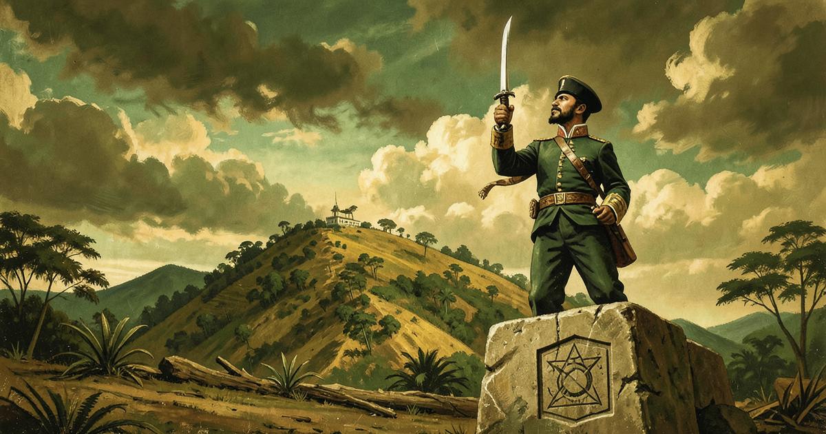 Ilustração da Independência do Brasil com Dom Pedro I e pedra bruta com símbolo maçônico