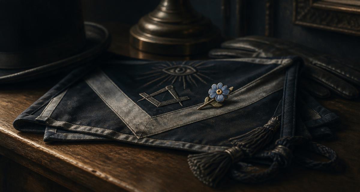 Broche de flor miosótis azul sobre um avental maçônico dobrado, em luz lateral dramática